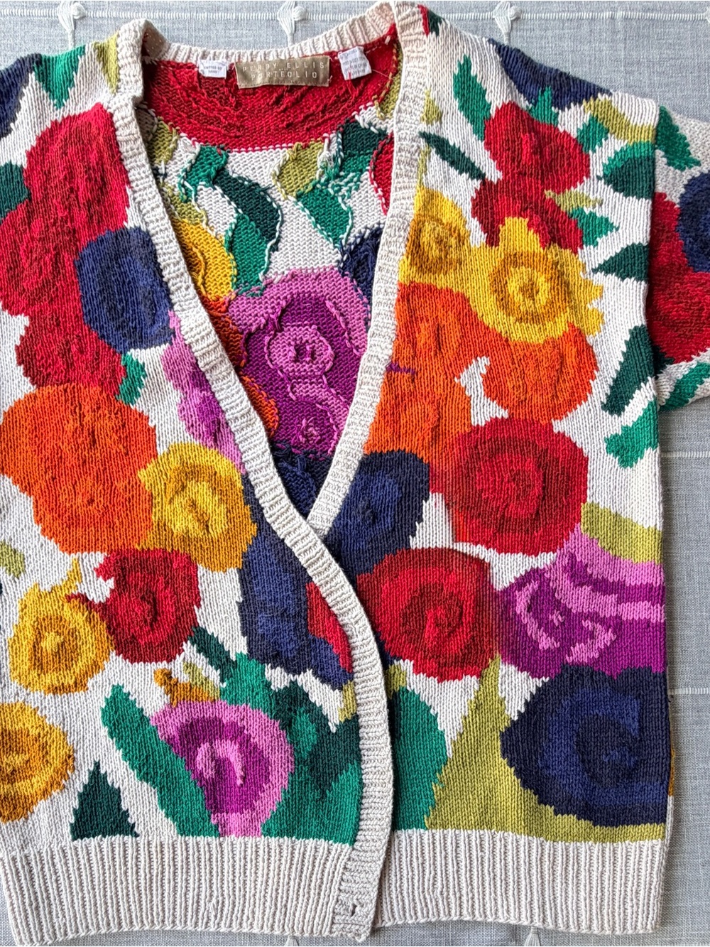 Perry Ellis Multicolor Floral Knit Cardigan - Cream Trim
